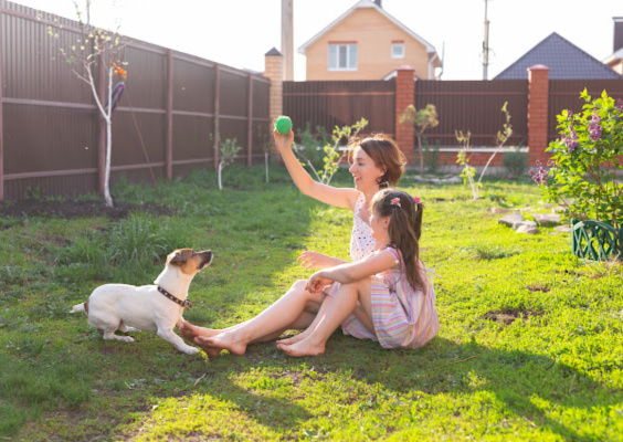 girls-playing-with-dog-in-yard